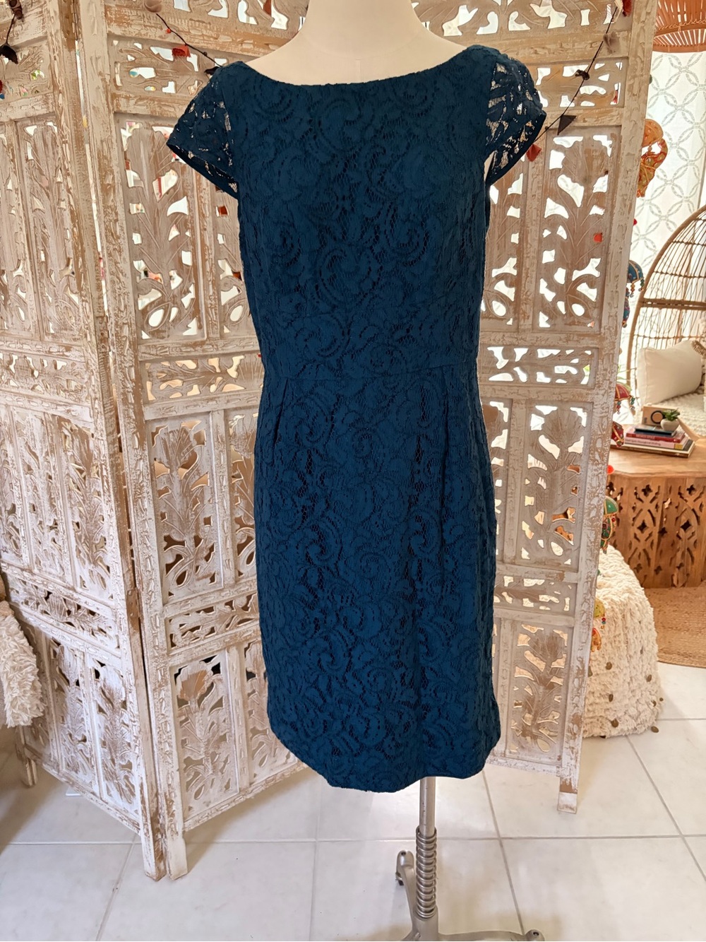 J. Crew Teal Lace Cap-Sleeve Midi Dress